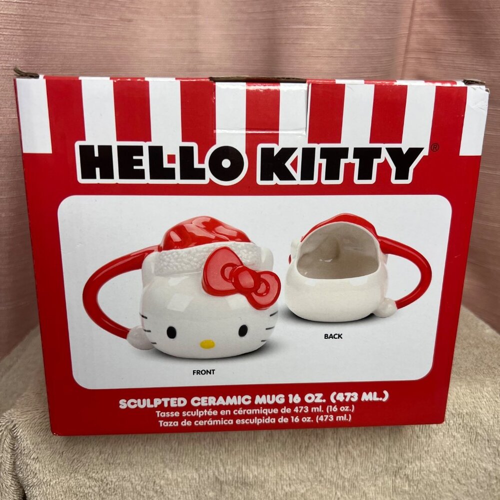 Hello Kitty Sculpted Ceramic Mug 16 Oz Christmas Holiday Design Gift Boxed NWB